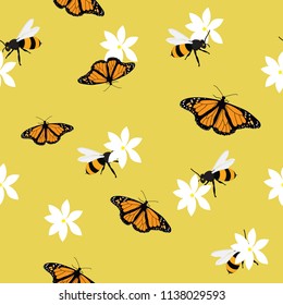 Butterfly, bee insects seamless pattern, background. Spring