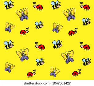 A butterfly, a bee, a ladybug in the style of doodle is a seamless pattern