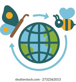 Butterfly and bee surrounding the earth, symbolizing environmental conservation and harmony between nature and wildlife.