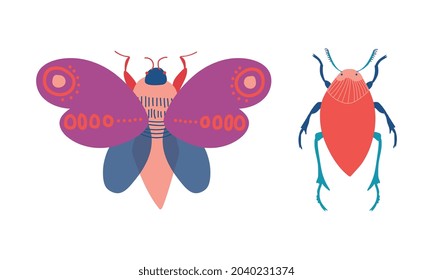 Butterfly and Beetle Insects as Hexapod Flying Creature with Jointed Legs and Pair of Antennae Vector Set