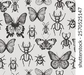Butterfly, beetles and bugs seamless pattern. Vector hand drawn sketch illustration. Insects doodle background. Fashion textile print, fabric, wrapping paper design