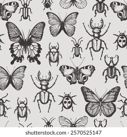 Butterfly, beetles and bugs seamless pattern. Vector hand drawn sketch illustration. Insects doodle background. Fashion textile print, fabric, wrapping paper design