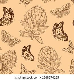 butterfly beige botanical seamless vector pattern. Concept for print, wallpaper, web design