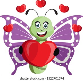 Butterfly with big heart, illustration, vector on white background.