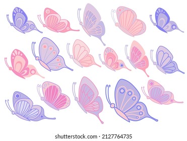 Butterfly big set isolated on white background. Flat style. Collection of butterflies for invitation card, beauty or spa design, pattern element, t shirt print or other use. Vector illustration.