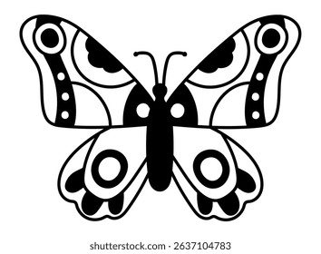 Butterfly with big wings and big circles, black and white drawing representing a butterfly with open wings, perfect graphic for simple designs