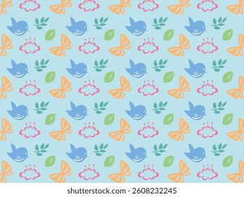 It is a butterfly, bird, flower and leaf design background. Spring pattern. 