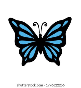 Butterfly black and blue hand drawing on white, stock vector illustration