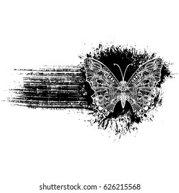 Butterfly and black brush strokes, vector object for background. Impression of an artistic brush, isolated. Smears in ink. Background.