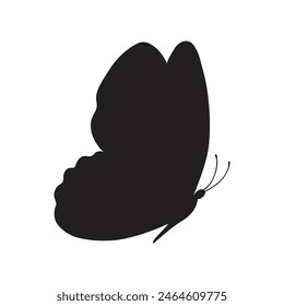 Butterfly black color, flying shape, vector design. Abstract modern monarch butterfly contours on white background for decoration design. Closeup design element, black butterfly, silhouette, icon, art