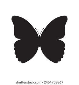 Butterfly black color, flying shape, vector design. Abstract modern monarch butterfly contours on white background for decoration design. Closeup design element, black butterfly, silhouette, icon, art