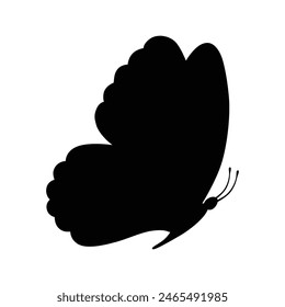 Butterfly black color, flying shape, vector design. Abstract modern monarch butterfly contours on white background for decoration design. Closeup design element, black butterfly, silhouette, icon, art