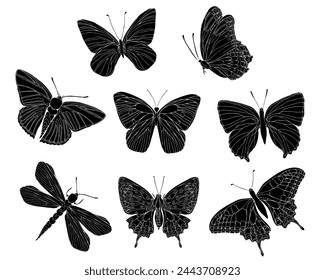 Butterfly black detailsilhouette art illustration set. Insect butterfly for stickers, tattoo, silhouette, scrapbook Winged gorgeous animal. Vector hand drawn illustration, isolate on white background