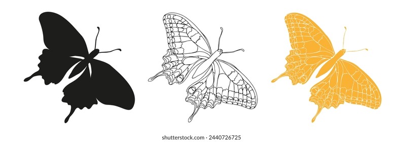 Butterfly black ink line art, silhouette illustrations. Insect set for coloring page, tattoo silhouette, hand drawn stickers, coloring page. Vector illustration, isolate on white background