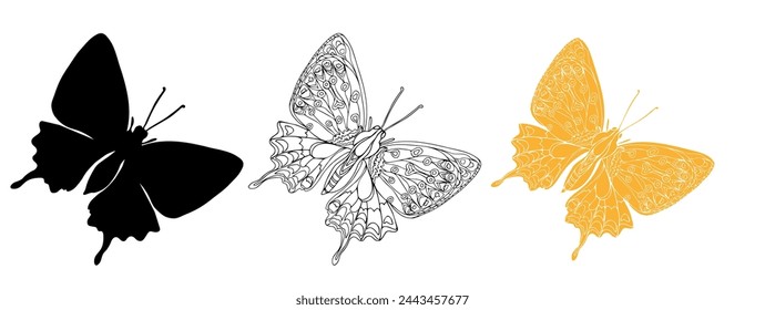 Butterfly black ink line art and detail silhouette illustrations for cutting. Insect set for coloring page, tattoo, hand drawn stickers. Vector illustration, isolate on white background.