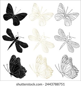 Butterfly black ink line art, silhouette illustrations and gold foil. Insect set for coloring page, tattoo, hand drawn stickers, coloring page. Vector illustration, isolate on white background.