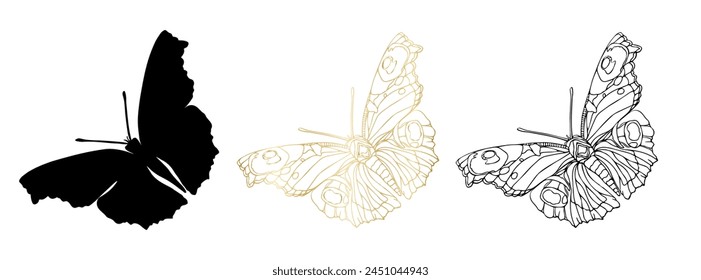 Arte de línea de tinta negra de mariposa, lámina de oro e ilustraciones de silueta. Conjunto de insectos para colorear, silueta del tatuaje, pegatinas dibujadas a mano, página para colorear. Ilustración vectorial, aislar sobre fondo blanco