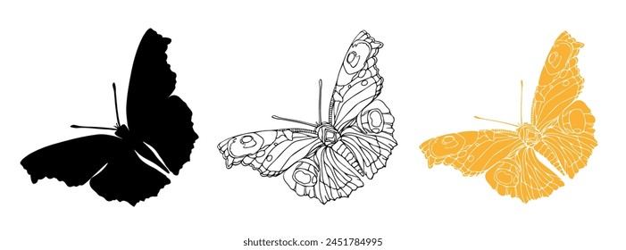 Butterfly black ink line art and detail silhouette illustrations for laser cutting. Insect set for coloring page, tattoo, hand drawn stickers. Vector illustration, isolate on white background.