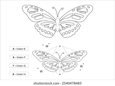 Ilustração da arte da linha da tinta preta da borboleta. Inseto borboleta para colorir página, silhueta de tatuagem, adesivos desenhados à mão. Animal alado lindo. Ilustração vetorial, isolar sobre fundo branco. 117º