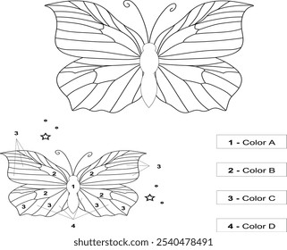 Butterfly black ink line art illustration. Insect butterfly for coloring page, tattoo silhouette, hand drawn stickers. Winged gorgeous animal. Vector illustration, isolate on white background.