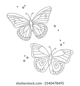 Butterfly black ink line art illustration. Insect butterfly for coloring page, tattoo silhouette, hand drawn stickers. Winged gorgeous animal. Vector illustration, isolate on white background. 120