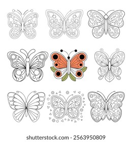 Butterfly black ink line art illustration set. Insect butterfly for coloring page, tattoo silhouette, hand drawn stickers. Winged gorgeous animal. Vector illustration, isolate on white background.