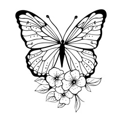 Butterfly Black Silhouette With Flowers, Outline. Vector Illustration. 