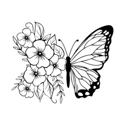 Butterfly Black Silhouette With Flowers, Outline. Vector Illustration. 