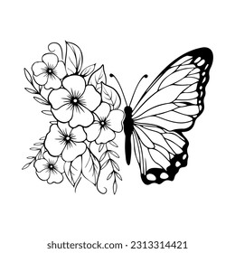 Silueta negra de mariposa con flores, contorno. Ilustración vectorial. 