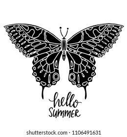Butterfly black silhouette. Hand drawn isolated on white background