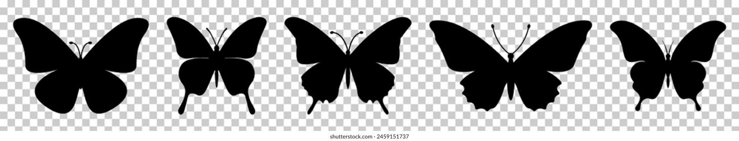 Butterfly black silhouette icons. Insect symbol. Vector illustration isolated on transparent background
