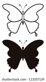 Butterfly, black silhouettes with opened wings, isolated on white background. Vector