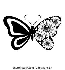 Butterfly and Bloom Black and White Logo Illustration, Botanical Floral Wings