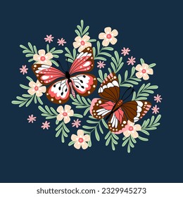 Mariposa con composición floral floreciente aislada en fondo azul. Hermoso diseño para pegatinas de camisetas y otros.
Ilustración vectorial.