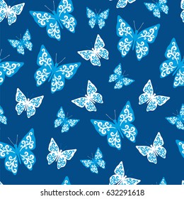 Butterfly blue seamless pattern, vector illustration