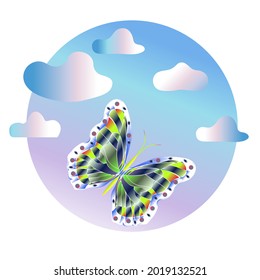  Una mariposa en un cielo azul con nubes claras. Fondo redondo. El tema de la ecología, la paz, el aire limpio, la protección de la naturaleza, la primavera y el verano.