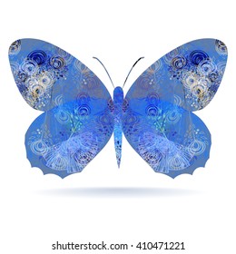The butterfly with blue wings. Abstract pattern, white background.