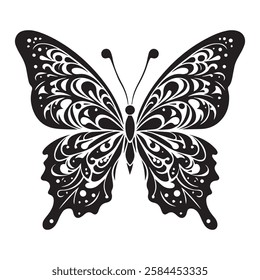 Butterfly in bohemian black and white silhouette illustration, butterfly silhouette in bohemian, boho, nature illustration on white background, Black and white butterfly set in boho style