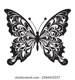 Butterfly in bohemian black and white silhouette illustration, butterfly silhouette in bohemian, boho, nature illustration on white background, Black and white butterfly set in boho style