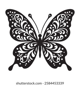 Butterfly in bohemian black and white silhouette illustration, butterfly silhouette in bohemian, boho, nature illustration on white background, Black and white butterfly set in boho style