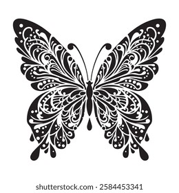 Butterfly in bohemian black and white silhouette illustration, butterfly silhouette in bohemian, boho, nature illustration on white background, Black and white butterfly set in boho style