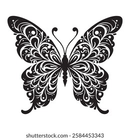 Butterfly in bohemian black and white silhouette illustration, butterfly silhouette in bohemian, boho, nature illustration on white background, Black and white butterfly set in boho style