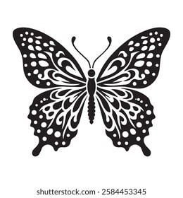 Butterfly in bohemian black and white silhouette illustration, butterfly silhouette in bohemian, boho, nature illustration on white background, Black and white butterfly set in boho style