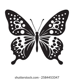 Butterfly in bohemian black and white silhouette illustration, butterfly silhouette in bohemian, boho, nature illustration on white background, Black and white butterfly set in boho style