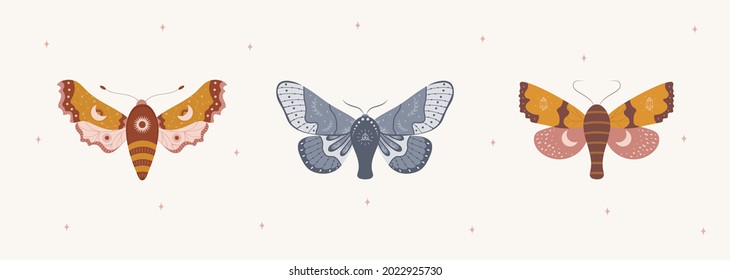 Butterfly in bohemian style. Abstract hand drawn insects with moon, stars and constellation. Boho doodle magic set. Vintage vector illustration.