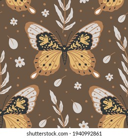 Butterfly boho insect seamless ethnic pattern. Decorative magic fashion textile design. Fabric vector.