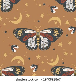 Butterfly boho insect seamless ethnic pattern. Decorative magic fashion textile design. Fabric vector.