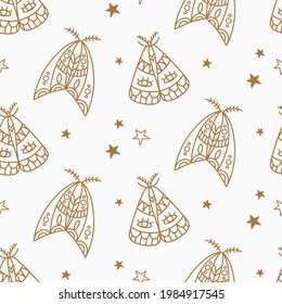 Butterfly boho minimal seamless pattern with elegant  hand drawn ornament doodles. For textile, wedding design, nursery wallpaper, children's clothing, packaging, wrapping paper. Vector vintage art