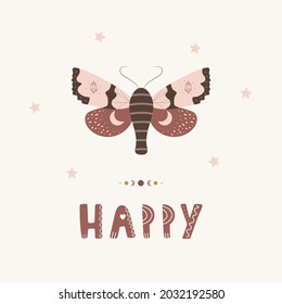 Butterfly boho poster. Insect with celestial elements. Scandinavian design for children wallpaper and home decor. Cute pastel vector illustration in cartoon style.