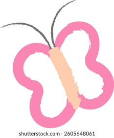 A butterfly with a bold outline and textured wings in a minimalist style. The insect features a smooth body and delicate antennae, creating a charming and playful look. Cartoon vector illustration.
